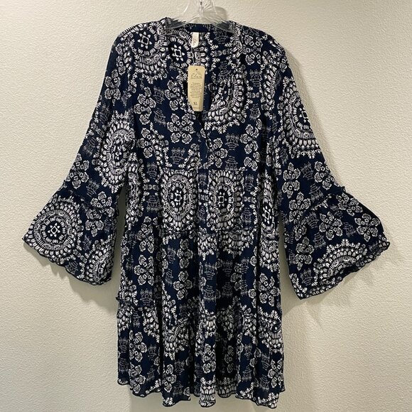 NWT ELAN "Charli" Mini Dress Bell Sleeve Tiered Paisley Navy Woman Size XL - Picture 2 of 9